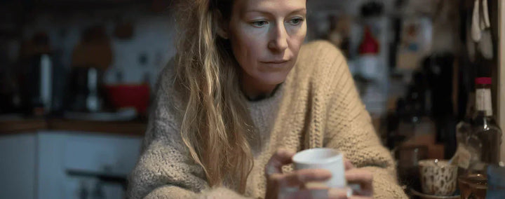 Woman holding white mug looking nauseous after drinking coffee in kitchen, demonstrating coffee nausea symptoms