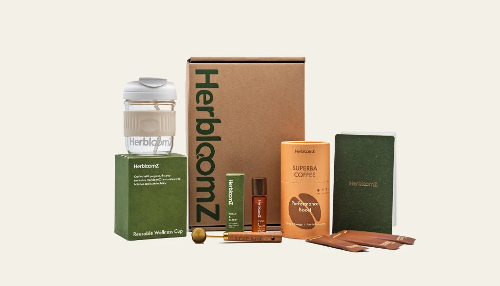 HerbloomZ SUPERBA Coffee Set with mushroom coffee, Da Hong Pao oolong tea, Focus Essential Oil, and dual-sip Wellness Cup ā a complete coffee gift set for calm focus and crash-free energy