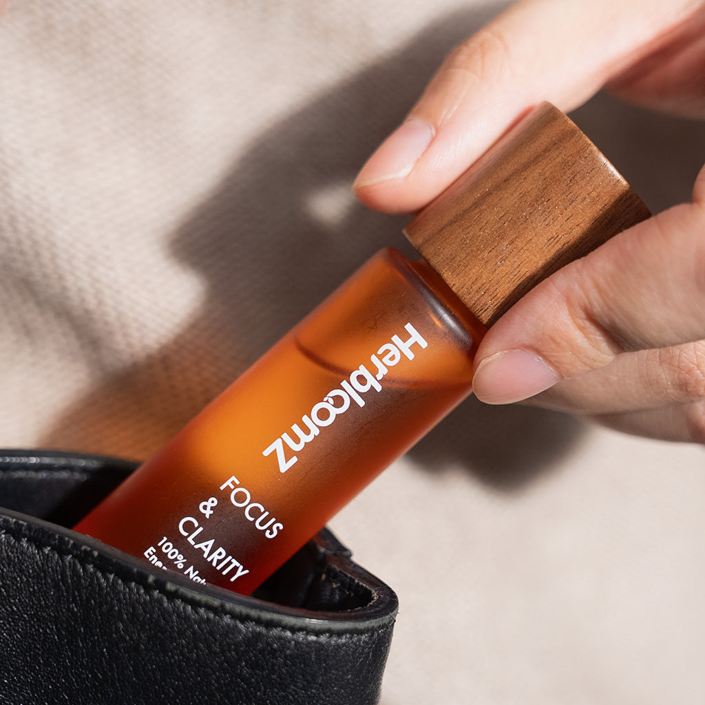 HerbloomZ Focus Essential Oil portable roll-on - compact 10ml travel-size aromatherapy for instant stress relief and mental clarity anywhere, anytime