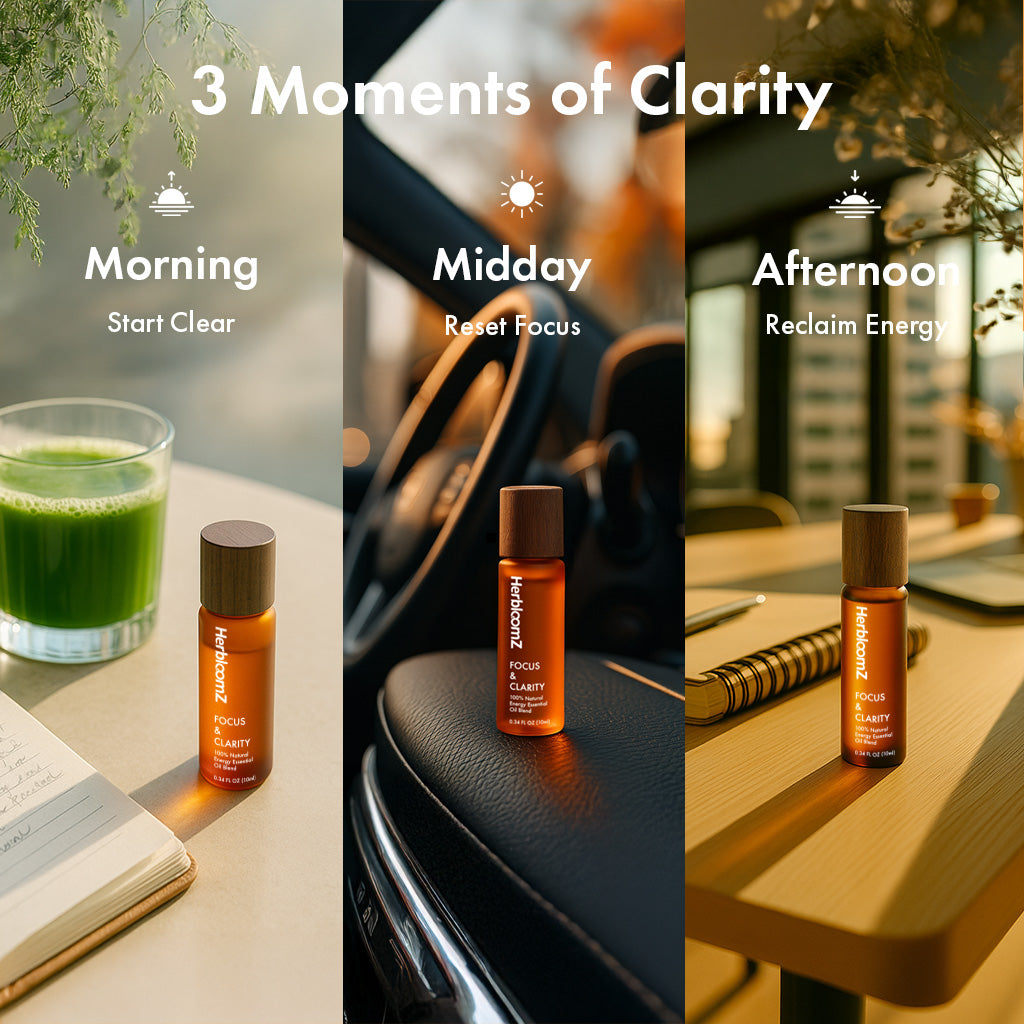 HerbloomZ Focus Essential Oil daily ritual guide - 3 moments of clarity showing morning start clear with matcha, midday reset focus at office, and afternoon reclaim energy for productivity
