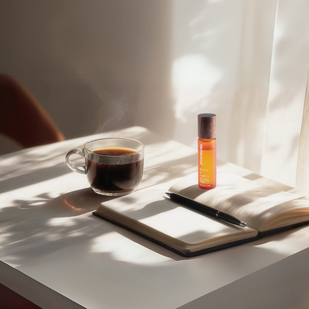 HerbloomZ Focus Essential Oil with coffee and journal - aromatherapy stress relief roller for morning productivity rituals and mental clarity during work sessions