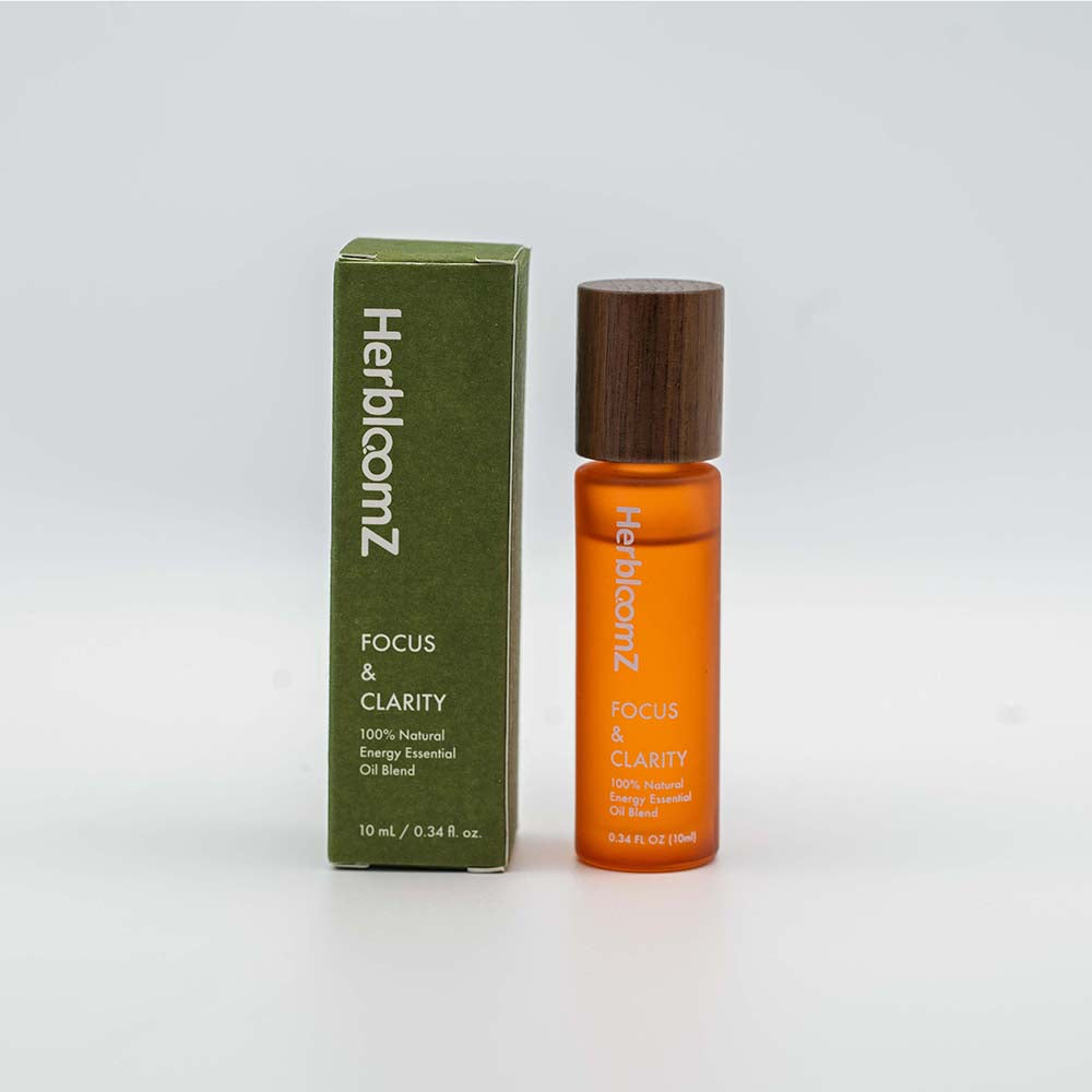 HerbloomZ Focus & Clarity essential oil blend for natural energy and mental clarity — 100% pure aromatherapy roll-on for productivity and focus`- HerbloomZ