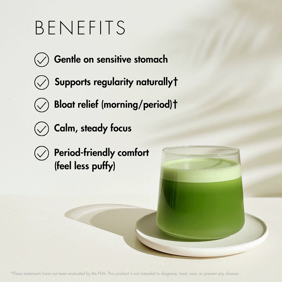 Benefit highlights: gentle on sensitive stomachs, more predictable mornings, supports regularity, calm steady focus—HerbloomZ SUPERBA MATCHA
