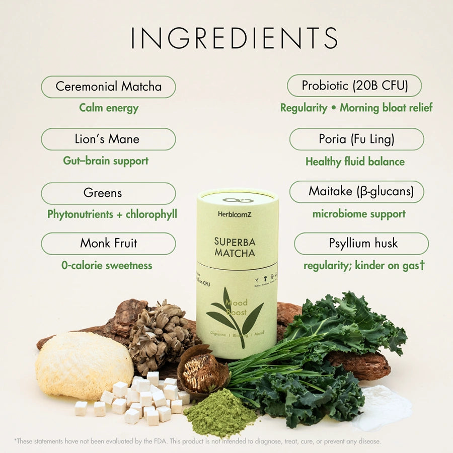 SUPERBA MATCHA Ingredient laydown—ceremonial matcha, Lion’s Mane, Maitake, Poria, kale, barley grass, psyllium, monk fruit—HerbloomZ