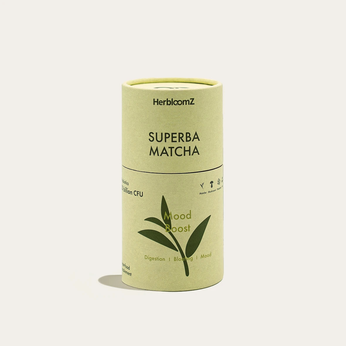HerbloomZ SUPERBA Matcha Mood Boost canister with probiotics, adaptogens, and supergreens for digestion and focus. - HerbloomZ