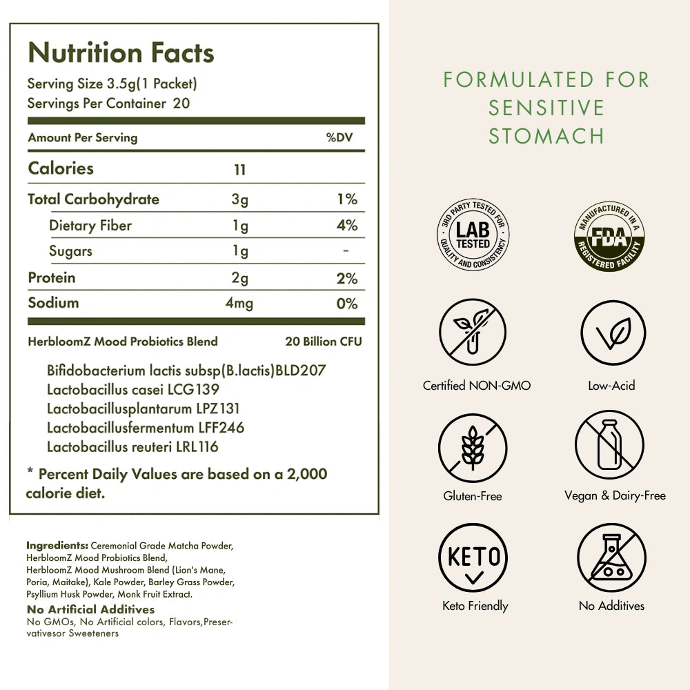 Nutrition Facts for HerbloomZ SUPERBA MATCHA, clean-label highlights