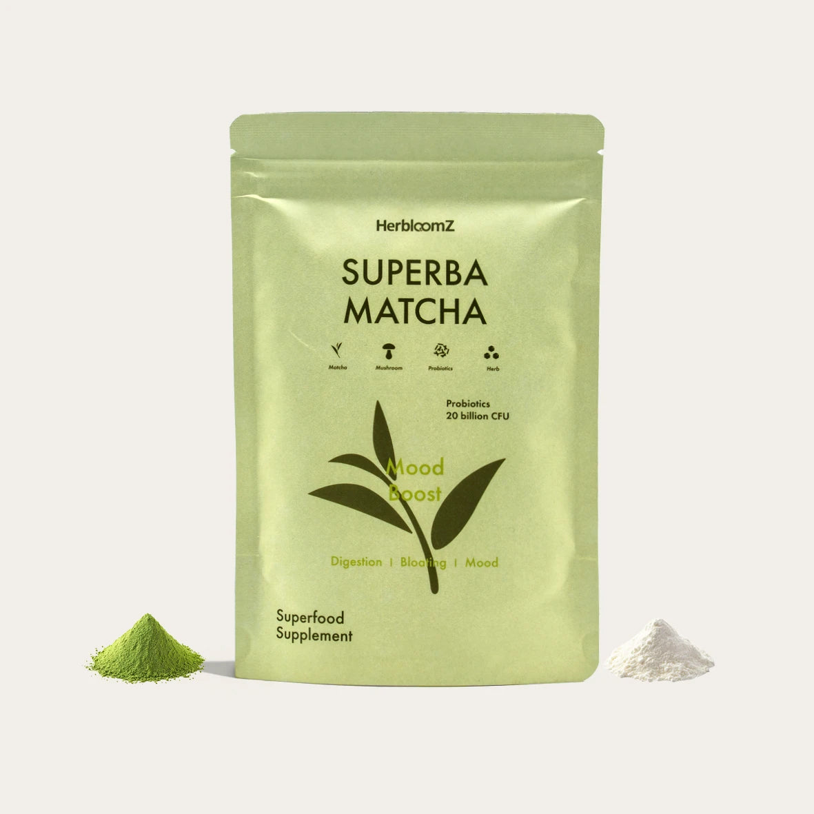 HerbloomZ SUPERBA Matcha refill pouch with 20 billion CFU probiotics, adaptogens, and matcha powder for gut health and mood support. - HerbloomZ