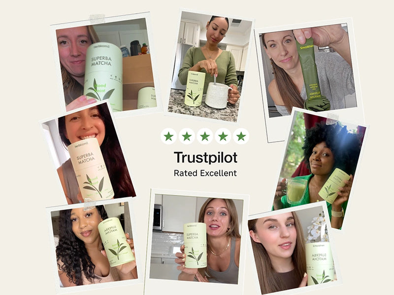Collage of people holding and using a product with Trustpilot rating displayed.