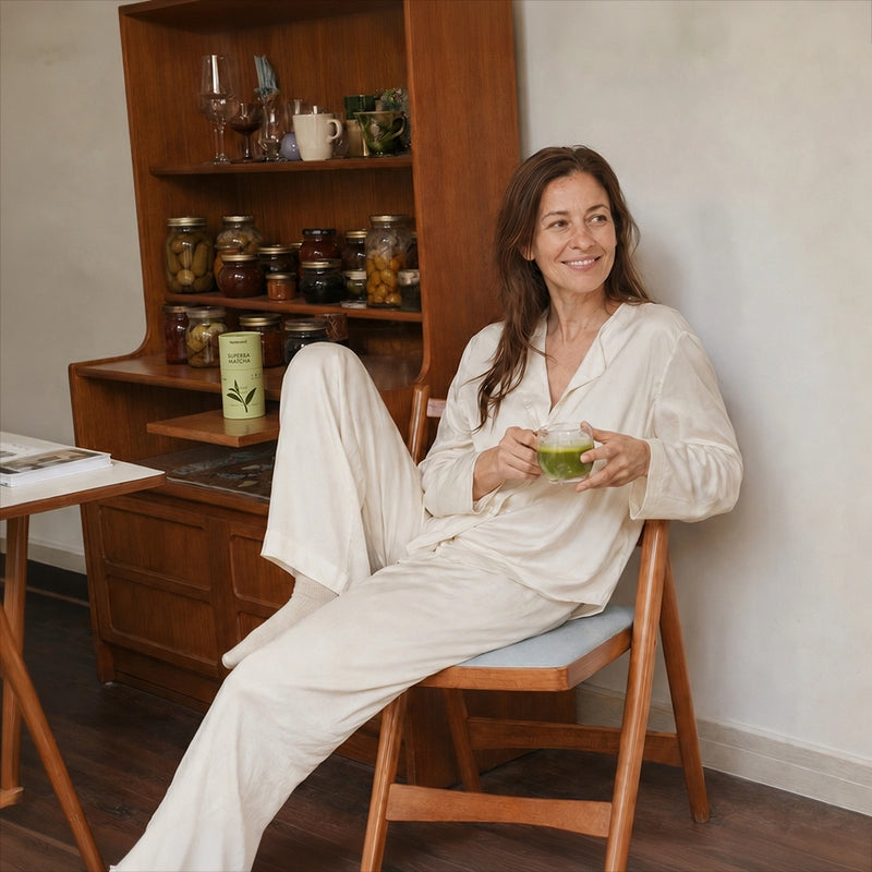 Woman in white outfit sitting on a chair holding a cup, with a wooden shelf and jars in the background.