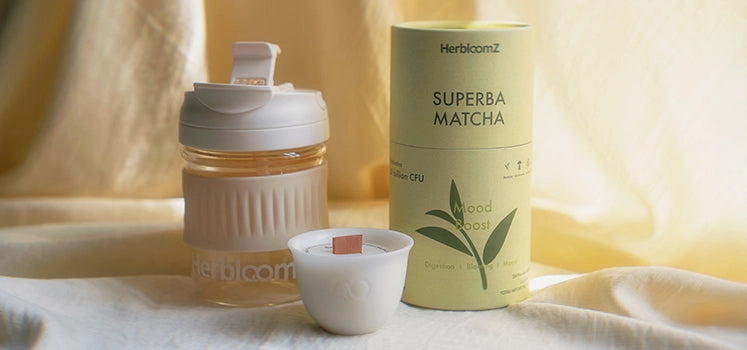 SUPERBA Matcha Set with probiotic matcha tin, Bamboo Zen Candle, and dual-sip Wellness Cup — a complete 3-piece ritual for stress relief and daily clarity.