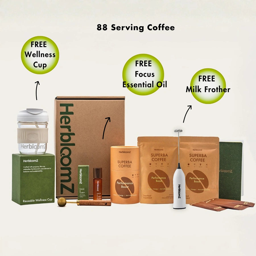 HERBLOOMZ SUPERBA COFFEE Ritual Set with 88 servings, free wellness cup, focus essential oil and milk frother — complete gut-friendly coffee ritual kit