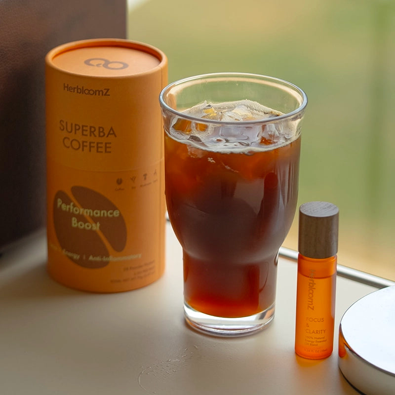 Iced HerbloomZ SUPERBA Coffee with Da Hong Pao oolong tea and Performance Boost canister, refreshing adaptogenic mushroom coffee for steady energy