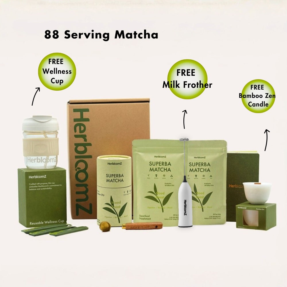 Herbaloonz matcha product set with packaging and accessories on a white background