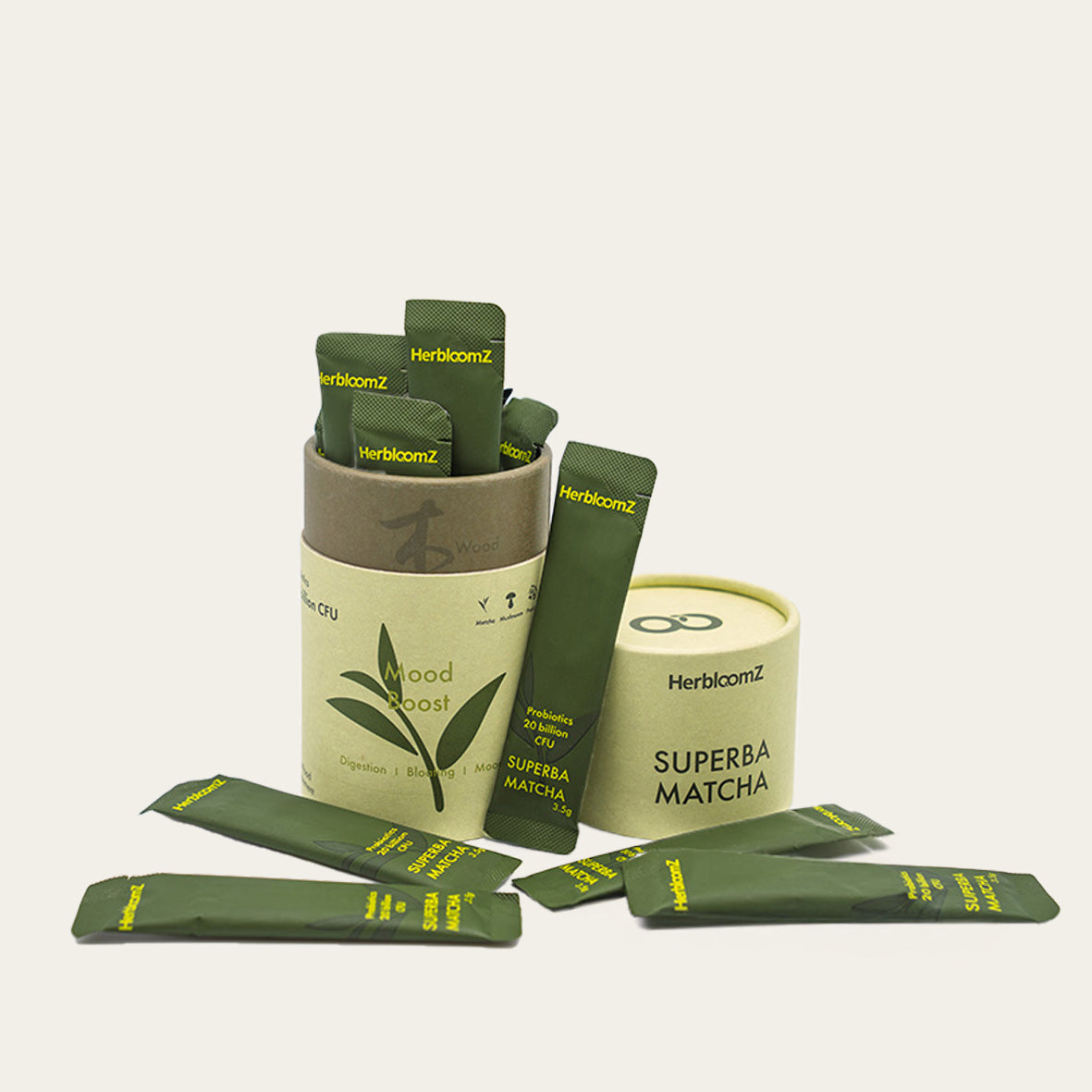 SUPERBA Matcha Mood Boost sticks with probiotics for digestion, bloating relief, and mental clarity — gut-friendly ceremonial matcha - HerbloomZ