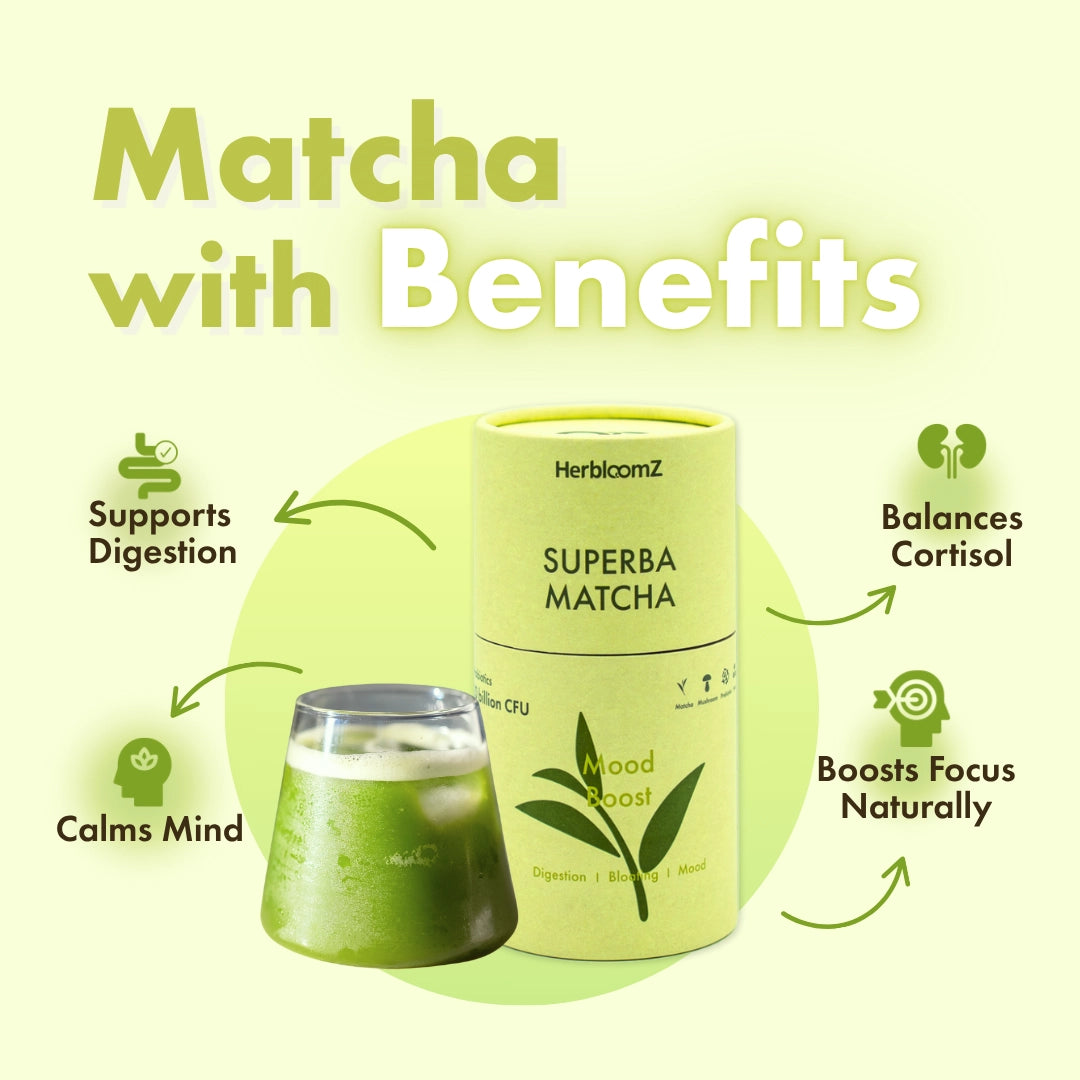 HerbloomZ Superba Matcha packaging with health benefits listed on a green background