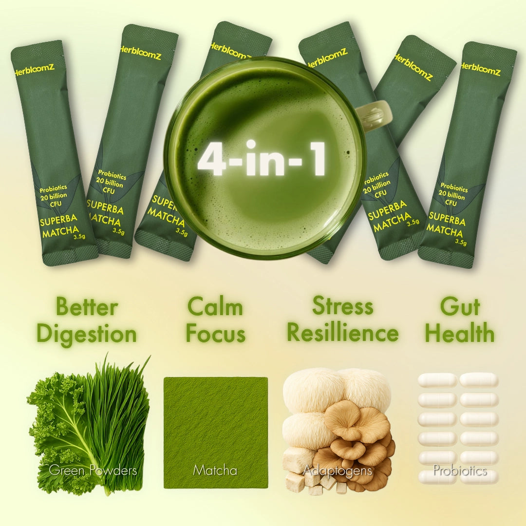 Herbloomz Superba Matcha packaging with health benefits and ingredients on a light beige background