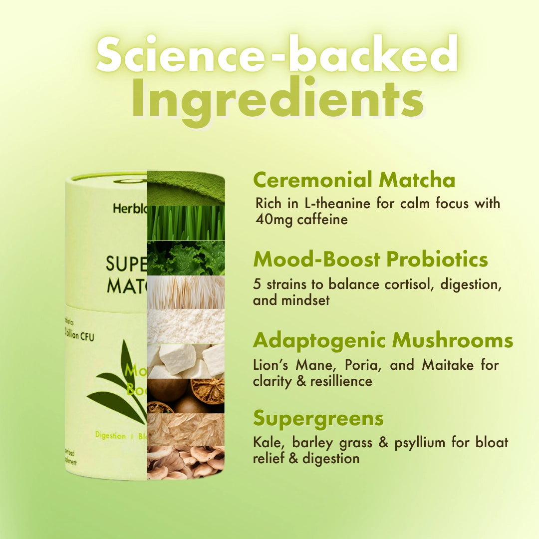 SUPERBA MATCHA Product packaging with science-backed ingredients listed on a green background