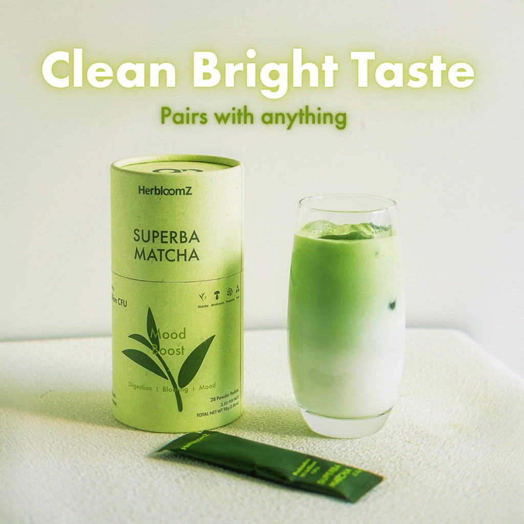 HerbloomZ Superba Matcha packaging with a glass of matcha and a packet on a light background