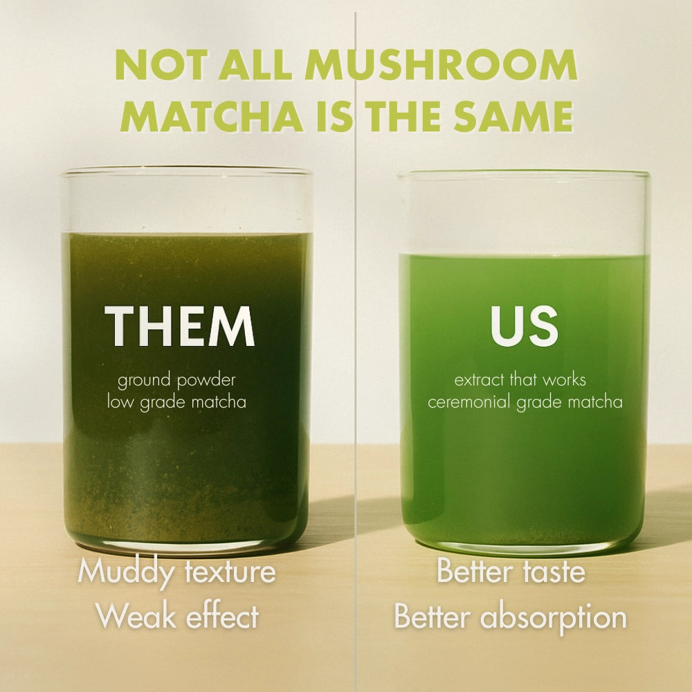 Two glasses of green liquid with text comparing 'them' (ground powder, low grade matcha) and 'us' (extract that works, ceremonial grade matcha).