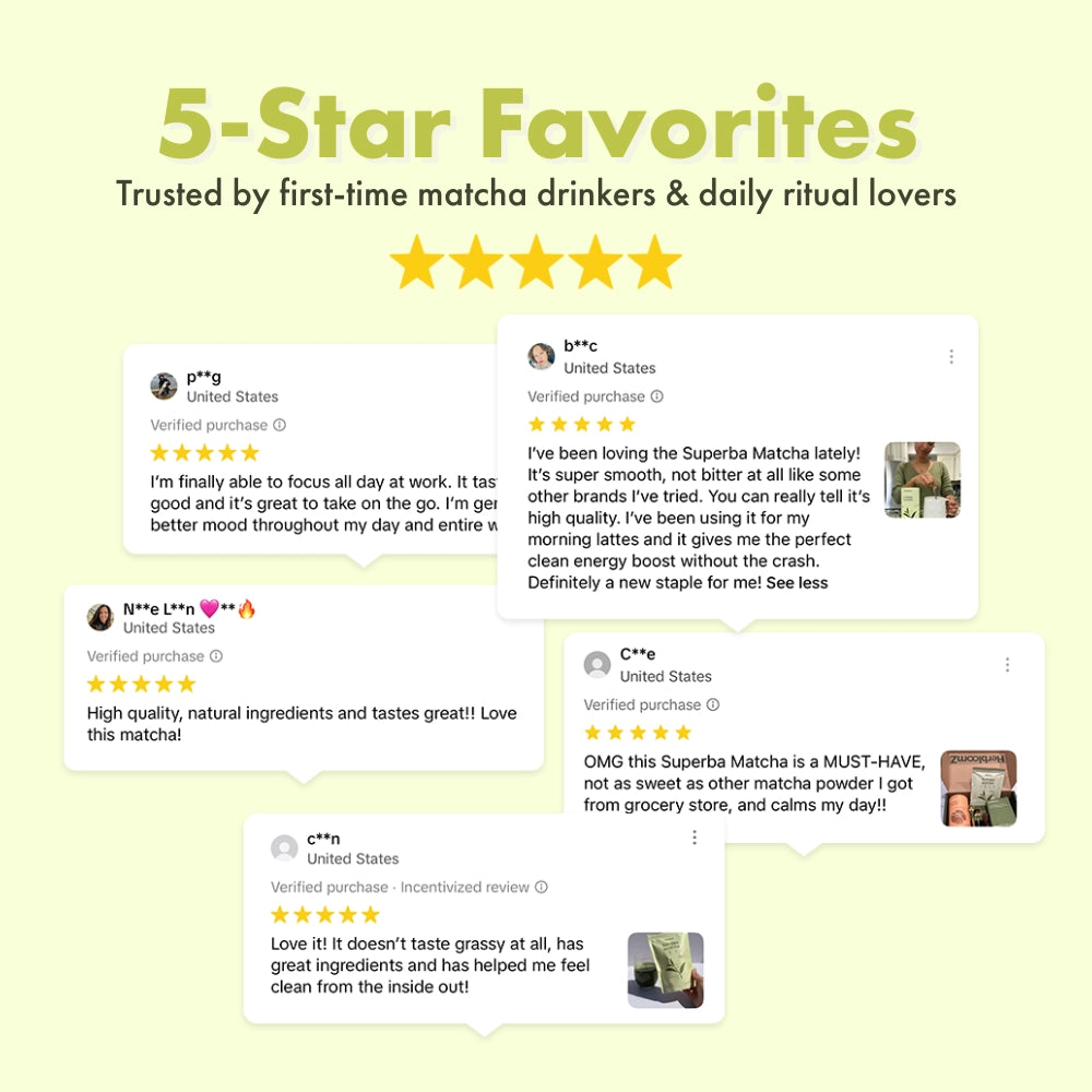 Five-star rating feedback on HerbloomZ SUPERBA MATCHAwith user comments on a yellow background