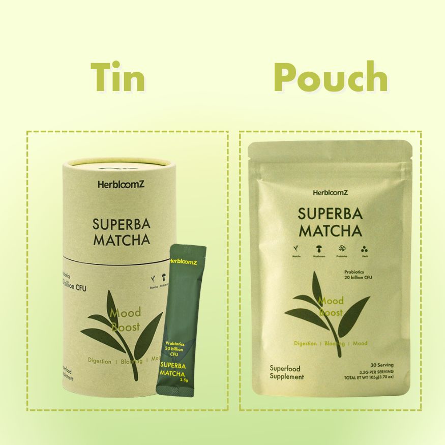 HerbloomZ Superba Matcha packaging including a tin, pouch, and stick pack on a light green background.