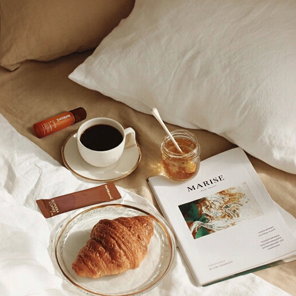 SUPERBA mushroom coffee with Yunnan Arabica and Da Hong Pao oolong tea served with croissant and honey, cozy morning ritual