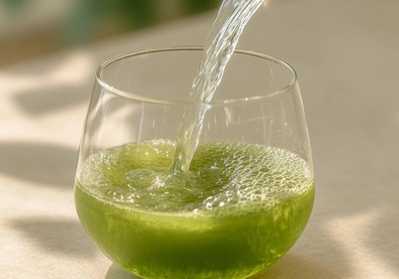 Pouring probiotic matcha into a glass — HerbloomZ philosophy of blending gut health, calm focus, and daily wellness rituals
