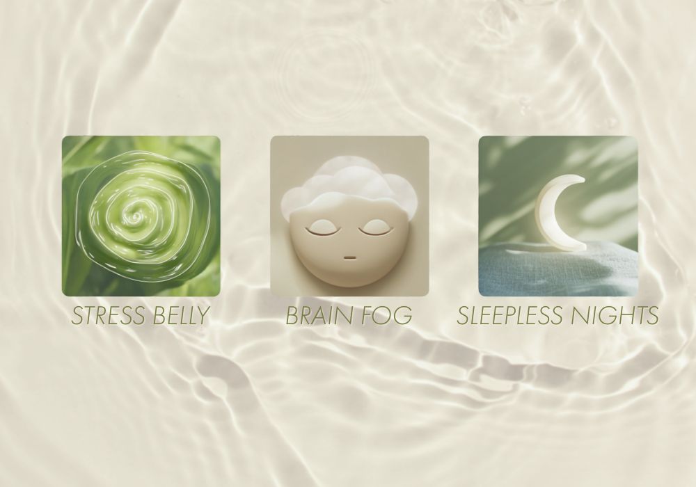 Stress belly, brain fog, and sleepless nights — wellness challenges HerbloomZ probiotic matcha and adaptogenic coffee are designed to relieve