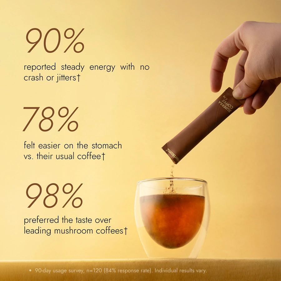 Hand pouring a tea-like liquid into a glass with text about energy, stomach comfort, and preference for taste.