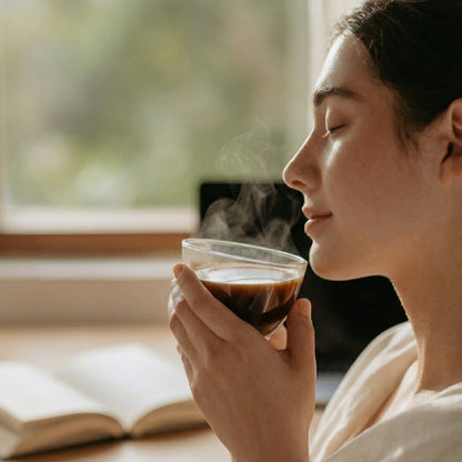 Woman holding a steaming cup of coffee with a book on a table in the background