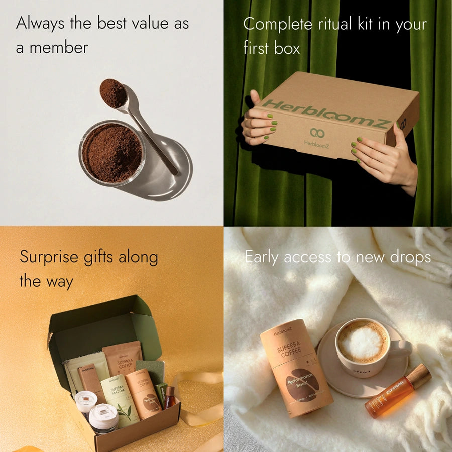 Promotional image for Herbloomz subscription service with coffee and product packaging.