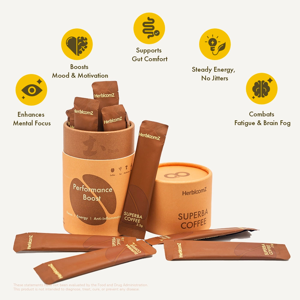 HerbloomZ SUPERBA COFFEE comprehensive benefits - adaptogenic coffee with single-serve sachets boosting mood & motivation, supporting gut comfort, providing steady jitter-free energy, enhancing mental focus, and combating fatigue & brain fog