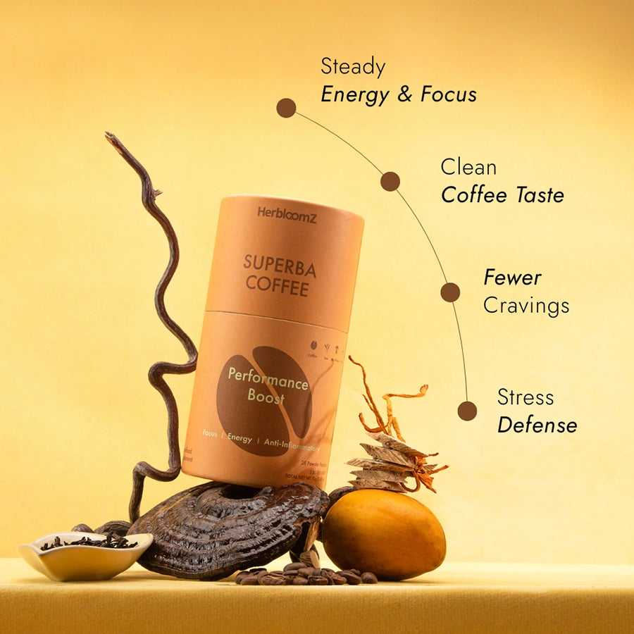 Superba Coffee container with coffee beans and herbs on a yellow background, featuring text about coffee benefits.