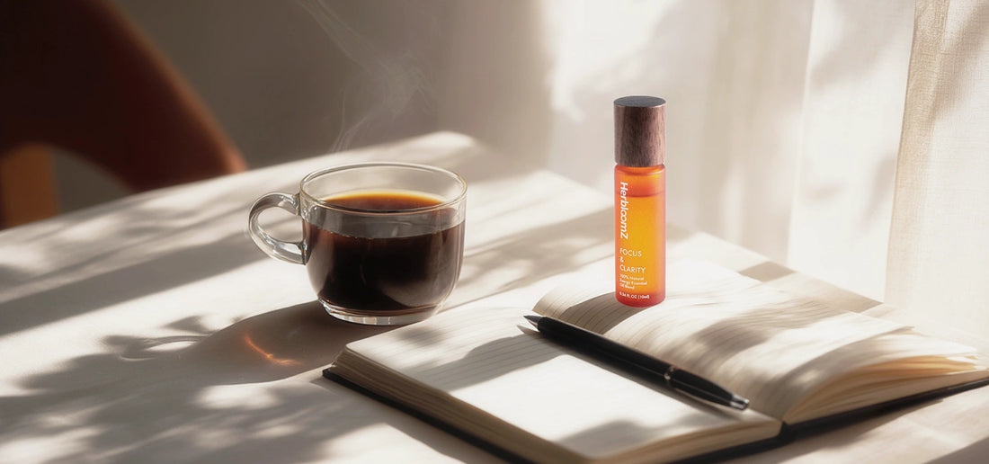HerbloomZ SUPERBA Coffee canister with Focus Essential Oil placed by the window in natural sunlight, adaptogenic duo for calm focus