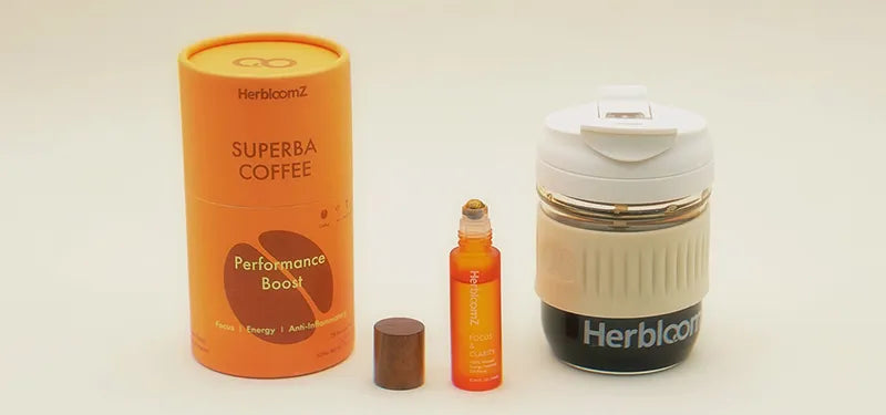 HerbloomZ SUPERBA Coffee Set with mushroom coffee canister, Focus Essential Oil, and Wellness Cup — highlighting value and complete ritual kit