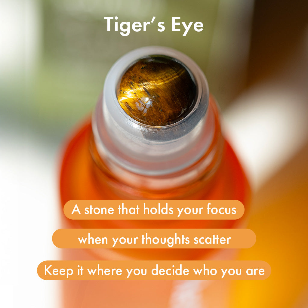 Tiger's Eye crystal rollerball in HerbloomZ Focus Essential Oil - grounding stone for concentration and decision-making with cooling application for stress relief and mental focus