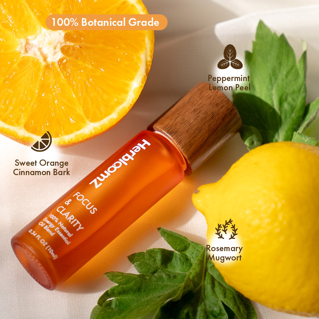 HerbloomZ Focus Essential Oil blend with Tiger's Eye rollerball - 100% botanical grade aromatherapy oil featuring peppermint, lemon peel, sweet orange, cinnamon bark, rosemary and mugwort for mental clarity