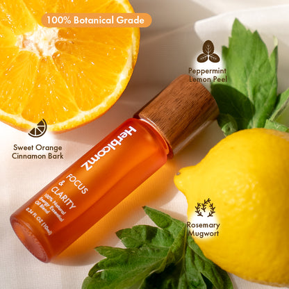 HerbloomZ Focus Essential Oil blend with Tiger's Eye rollerball - 100% botanical grade aromatherapy oil featuring peppermint, lemon peel, sweet orange, cinnamon bark, rosemary and mugwort for mental clarity