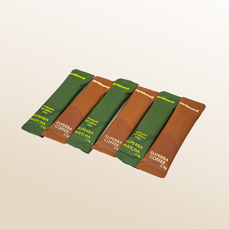 Daily probiotic matcha & coffee sticks for digestion and mood - travel-friendly - HerbloomZ