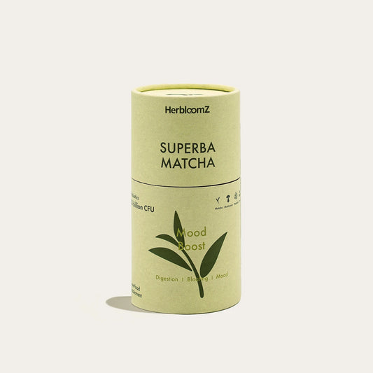 HerbloomZ SUPERBA Probiotic Matcha tin with adaptogenic mushrooms and supergreens for stress relief, gut-mood balance, and bloating support