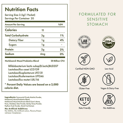 Nutrition Facts for HerbloomZ SUPERBA MATCHA, clean-label highlights