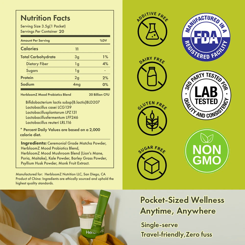 Nutrition facts and ingredients for HerbloomZ SUPERBA MATCHA, showing 1g of sugar and a 20 Billion CFU probiotic blend, with quality seals for Non-GMO, Sugar Free, and 3rd Party Lab Tested