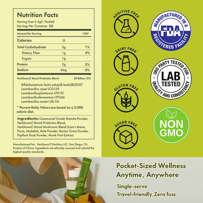 Nutrition facts and ingredients for HerbloomZ SUPERBA MATCHA, showing 1g of sugar and a 20 Billion CFU probiotic blend, with quality seals for Non-GMO, Sugar Free, and 3rd Party Lab Tested
