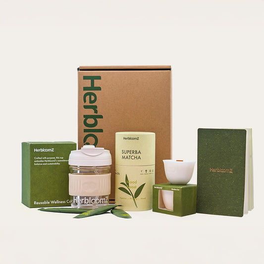 SUPERBA Matcha Set by HerbloomZ — includes probiotic matcha, reusable glass Wellness Cup, Dehua porcelain candle, balance booklet, measuring spoon, and sustainable gift box. A science-backed ritual for gut health, calm energy, and mood. - HerbloomZ