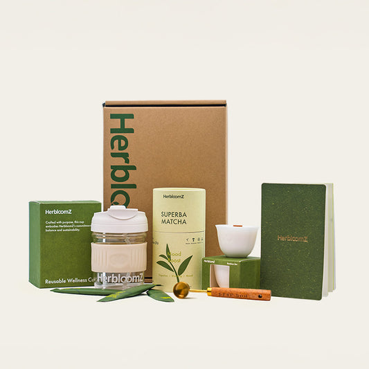 SUPERBA Matcha Set by HerbloomZ — includes probiotic matcha, reusable glass Wellness Cup, Dehua porcelain candle, balance booklet, measuring spoon, and sustainable gift box. A science-backed ritual for gut health, calm energy, and mood. - HerbloomZ