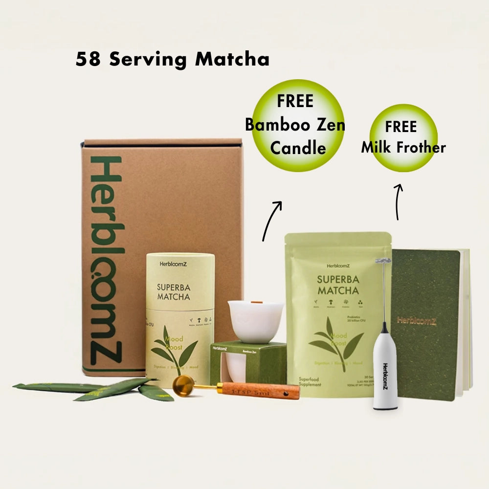 HerbloomZ SUPERBA Matcha Starter Set, a complete wellness gift for gut-mood balance, including probiotic matcha, a reusable Wellness Cup, and a Bamboo Zen candle