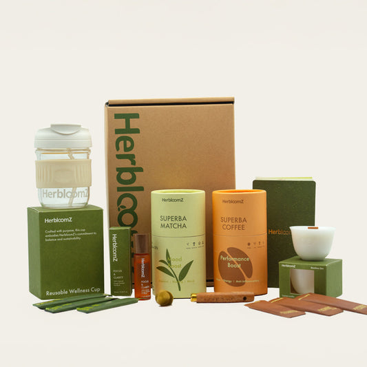 Balance Set featuring SUPERBA Matcha, SUPERBA Coffee, reusable wellness cup, candle, and adaptogenic oil—complete ritual kit for gut health, focus, and mood support - HerbloomZ
