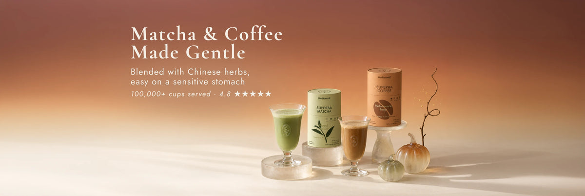 SUPERBA MATCHA and SUPERBA COFFEE tins with a matcha latte and a coffee in glass cups, next to two small glass pumpkins