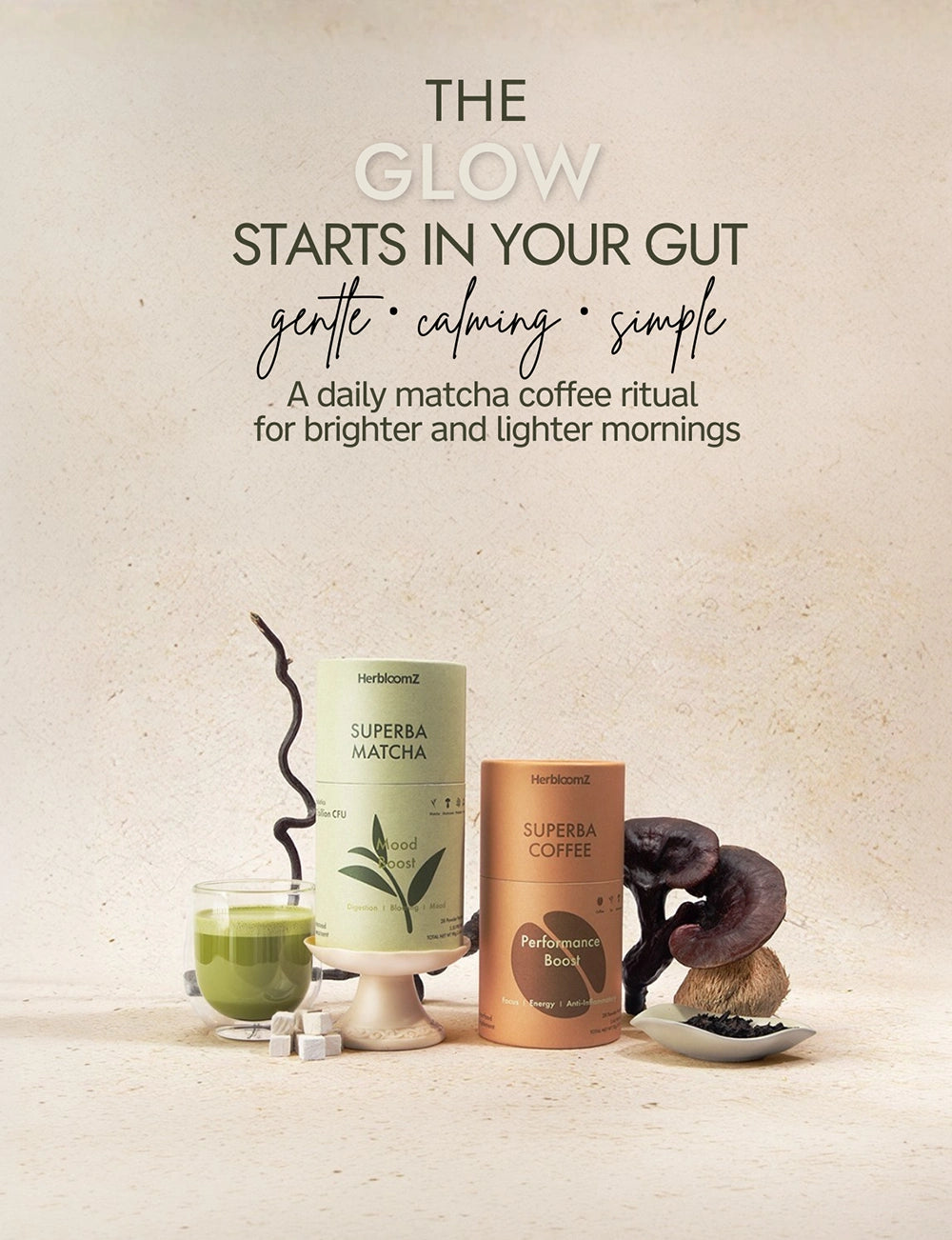 Superba Matcha and Superba coffee products with a glass of matcha and mushrooms on a neutral background.