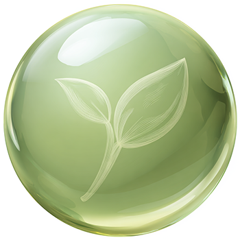 Green glass sphere with leaf engraving on a white background